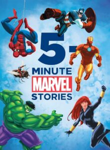 Blue background surrounded by cartoon superheroes including Spiderman, Captain America, Iron Man, Black Widow, Hulk and Ant Man.