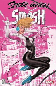 Woman in black and white spiderman suit swings over pink gradient of city skyline