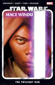 Man with cloak stares directly at reader with a purple lightsaber covering their right eye. 