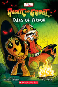 Animated tree character and cartoon fox appear frightened while a black phantoms sneak up behind them.