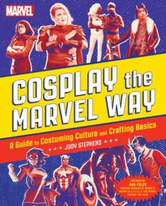 Blue background with large yellow stripe and medium red stripe across book cover. Cover parallels live action and cartoon Marvel characters.