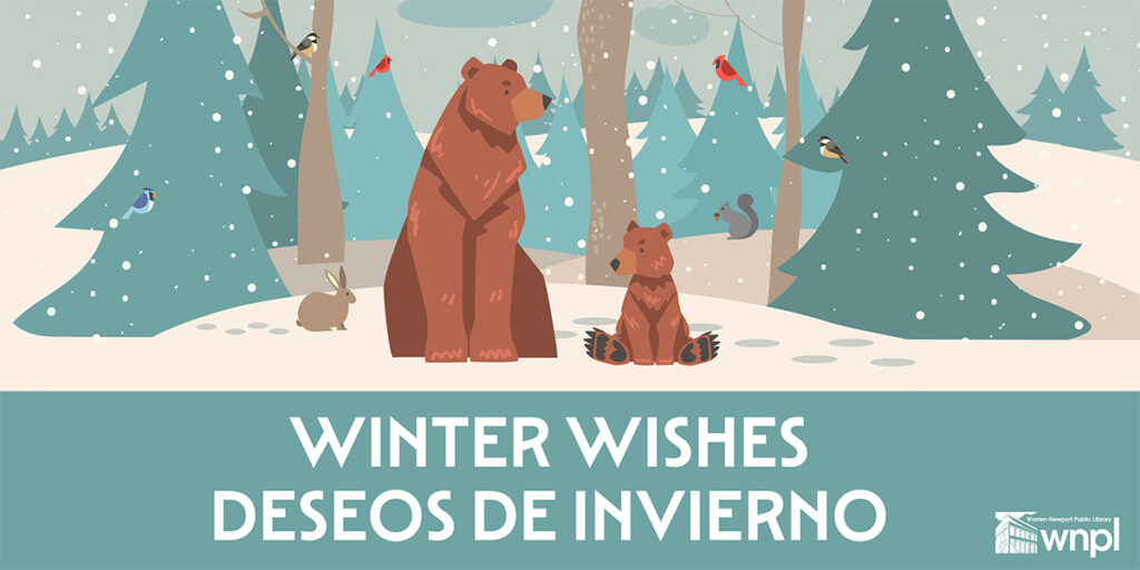 Winter wishes. Snowy forest scene with two brown bears.