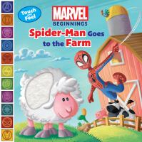 Spiderman comic book hero swings from web off red barn into direction of white sheet with cow and pig in the background