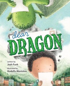  Book cover for Dear Dragon with a dragon and a child reading mail. 