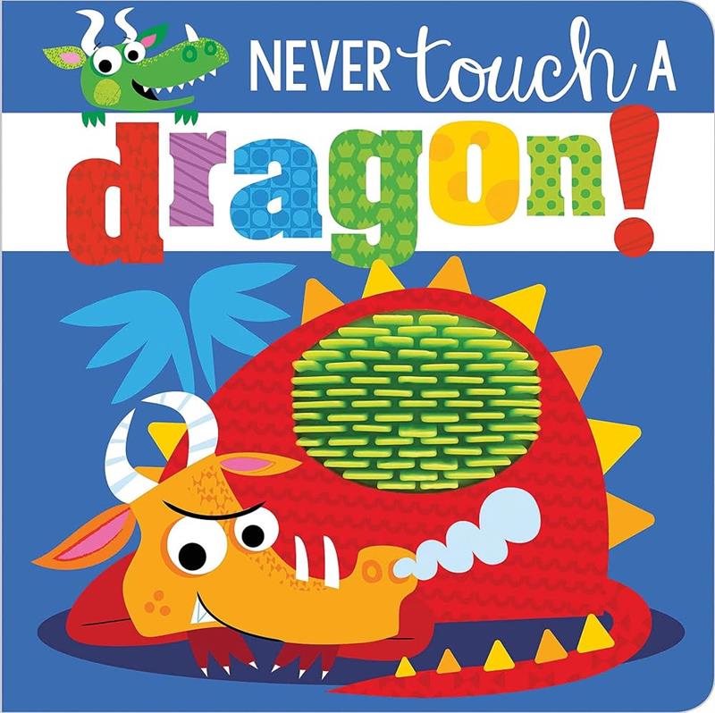 Book cover for Never Touch a Dragon. The cover has a picture of a dragon laying down with steam coming out of its nose.