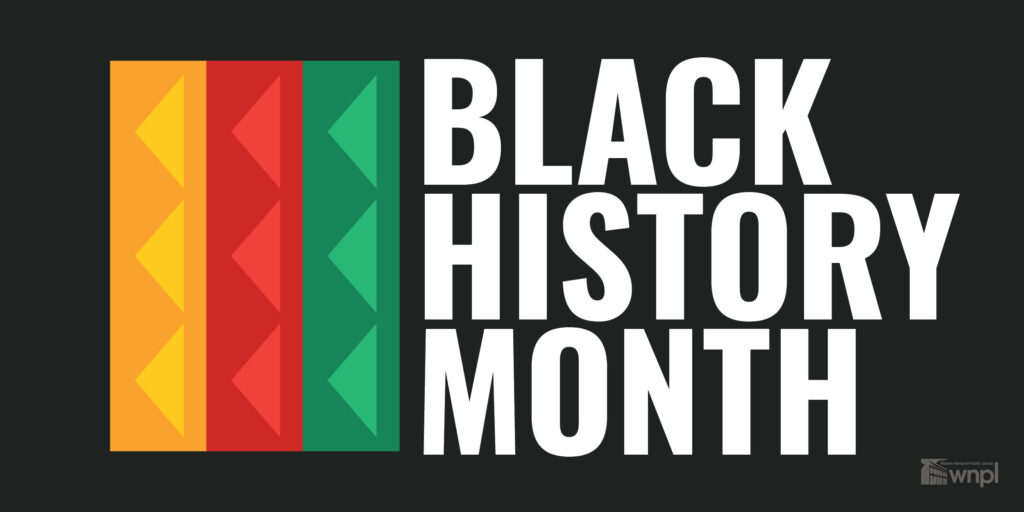 Black History Month. Bold white letters on black background. Yellow, red, and green strips of color next to text.