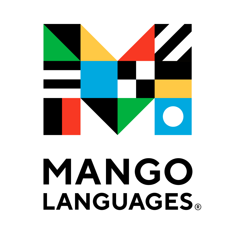 Mango Languages logo. Large M with different colors and patterns.