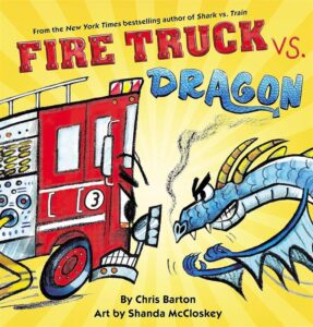 Book cover for Fire Truck VS. Dragon with a fire truck and dragon standing face to face.