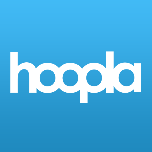 Blue background with white letters spelling Hoopla.