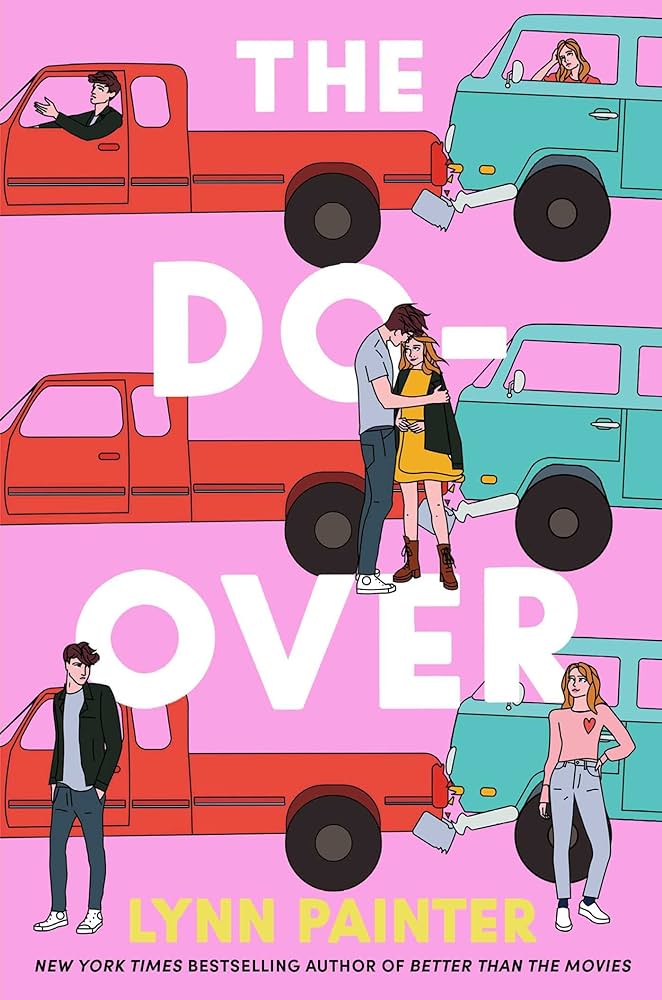 Book cover for The Do-Over. A pair of trucks, one blue and red follow three repeating sequences with their owners driving, hugging and returning to their vehicles.