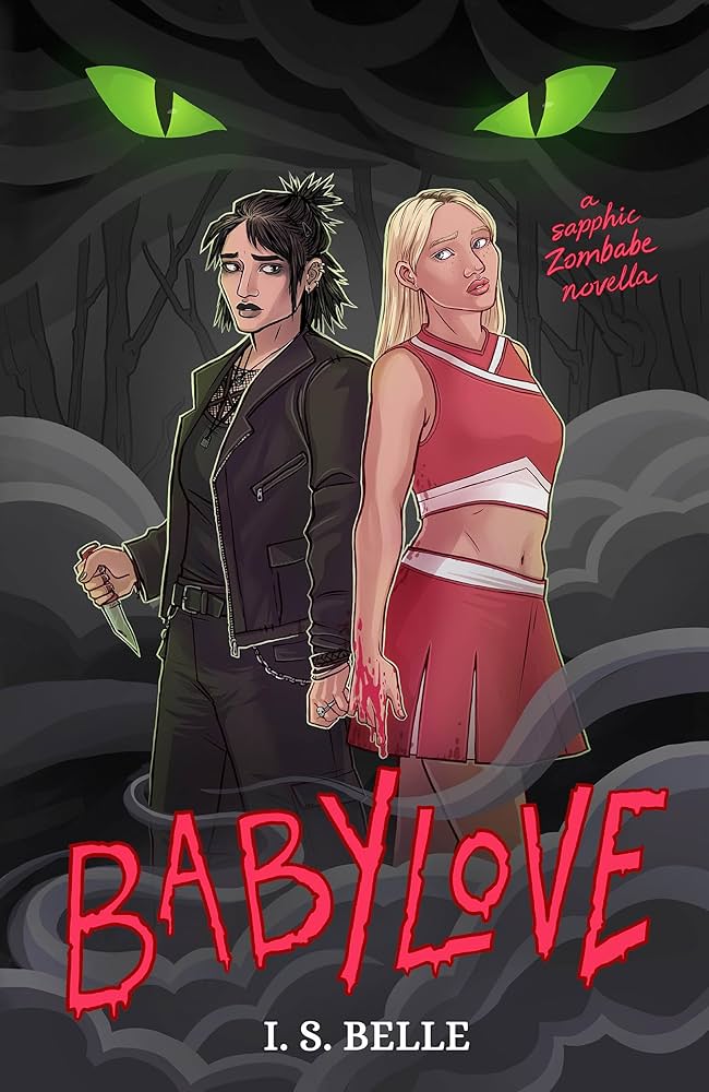 The cover for Babylove shows two people standing back-to-back, behind them are large, glowing green cat eyes.