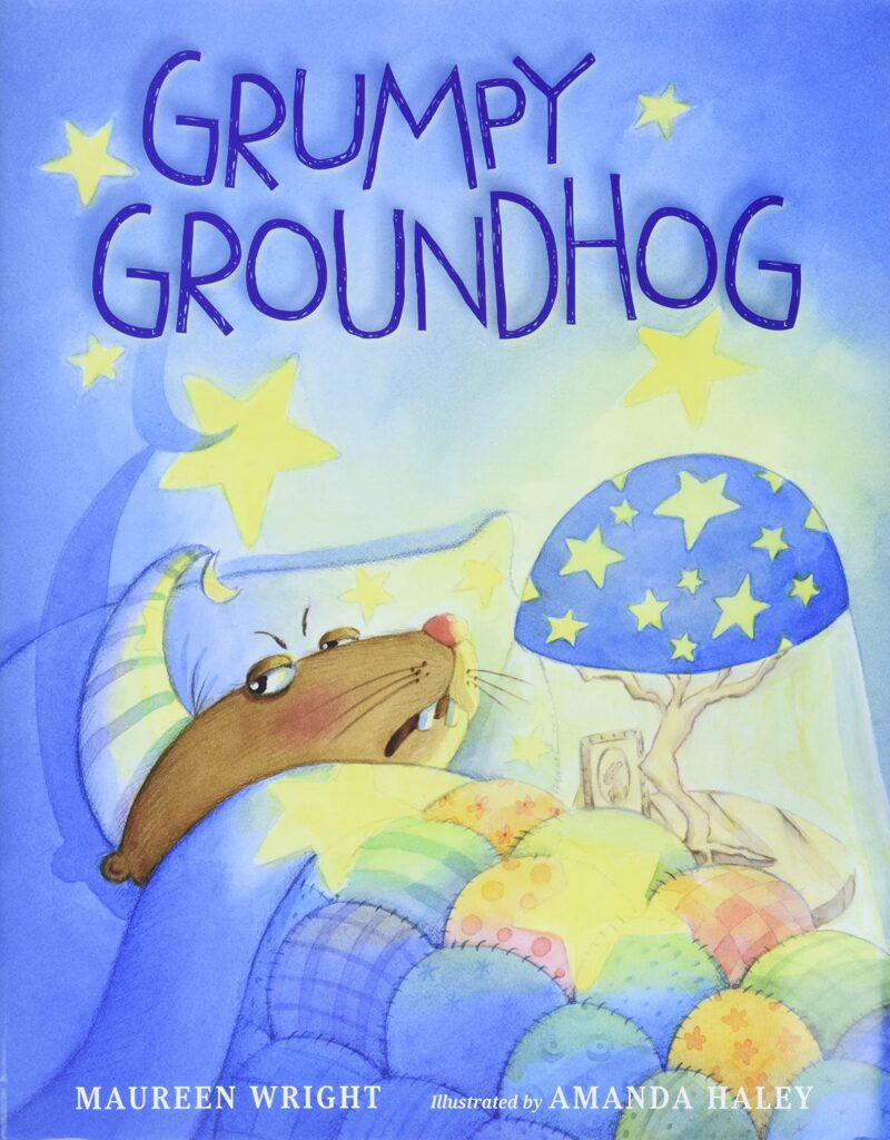 Book cover for Grumpy Groundhog. The groundhog is tucked in bed with a lamp brightly shining in the far corner.