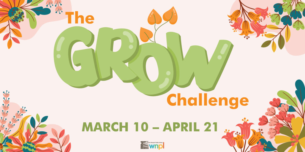 The GROW Reading Challenge. Flowers and leaves around the edge of image.