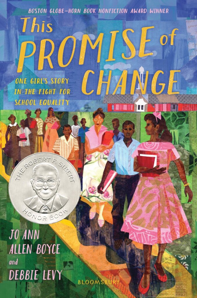 An image of the book cover for “This Promise of Change” by Jo Ann Allen Boyce. A line of 1950s black school children are drawn artistically standing outside of a red school house.