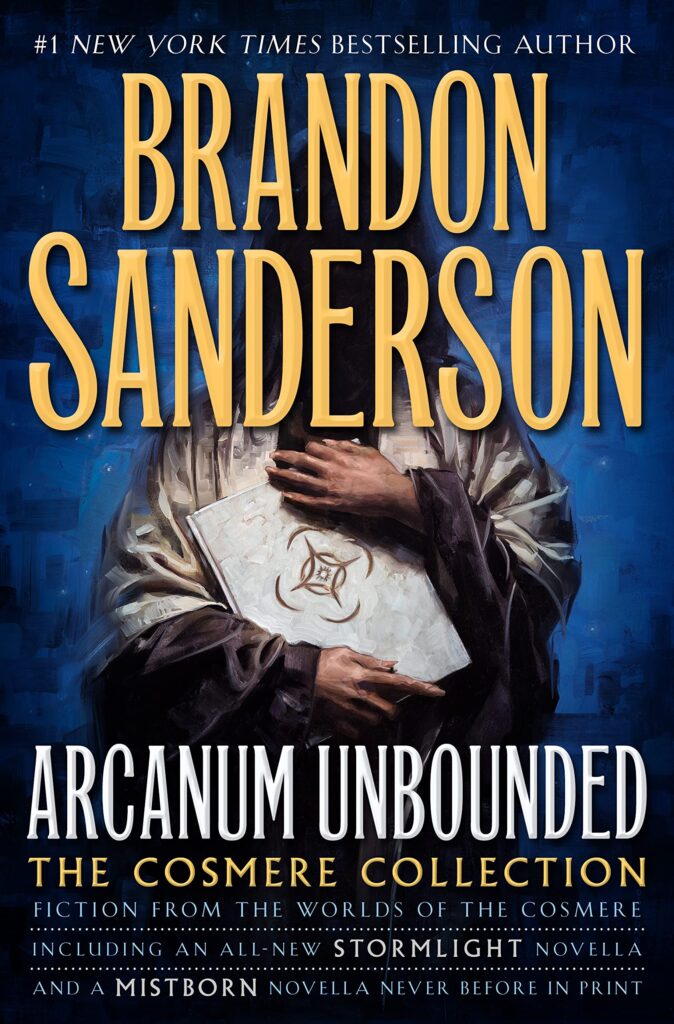 Book cover for Arcanum Unbounded. Man holds white book with secret symbol on cover.