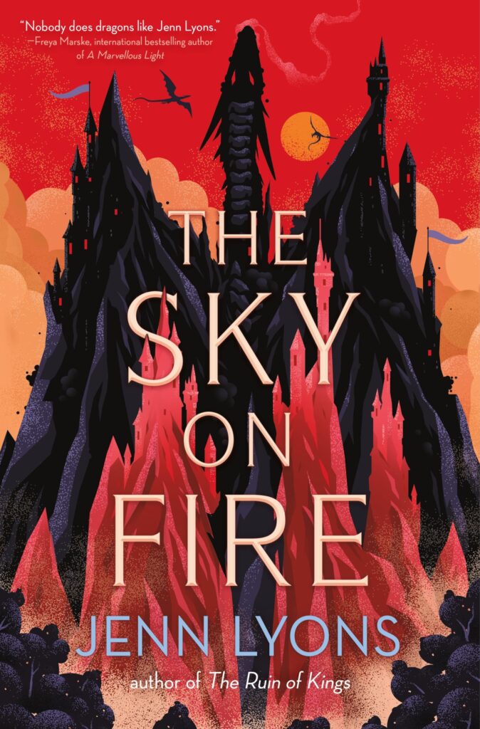Cover for Sky on fire. Black dragon sprawls over front cover with dark red sky in background