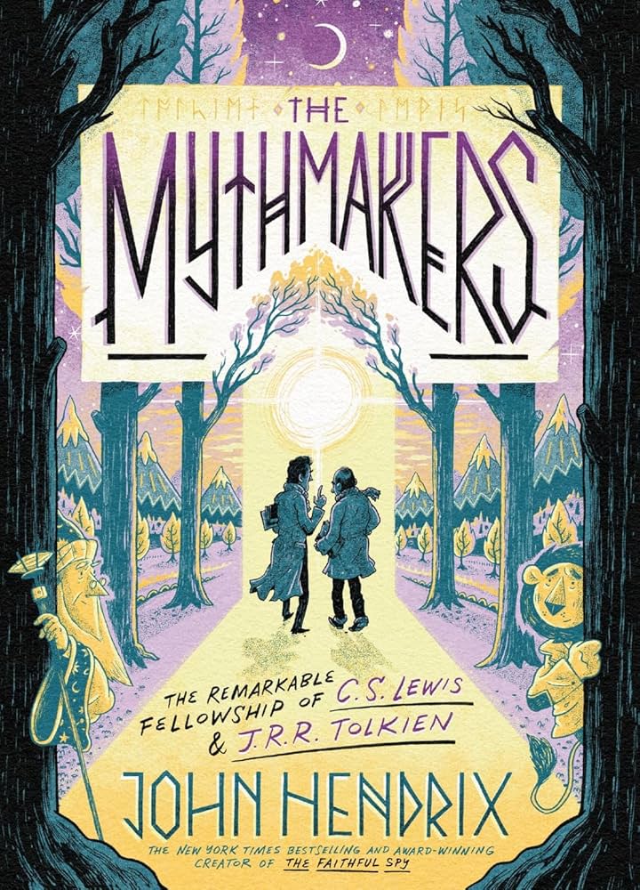 Book cover for the Mythmakers. Yellow path leads two characters into a golden sunset.