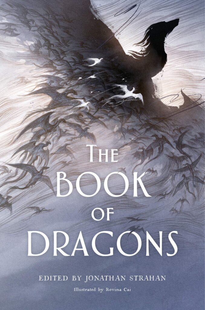 Book cover for The Book of Dragons. Black dragon flies high above smaller black dragons
