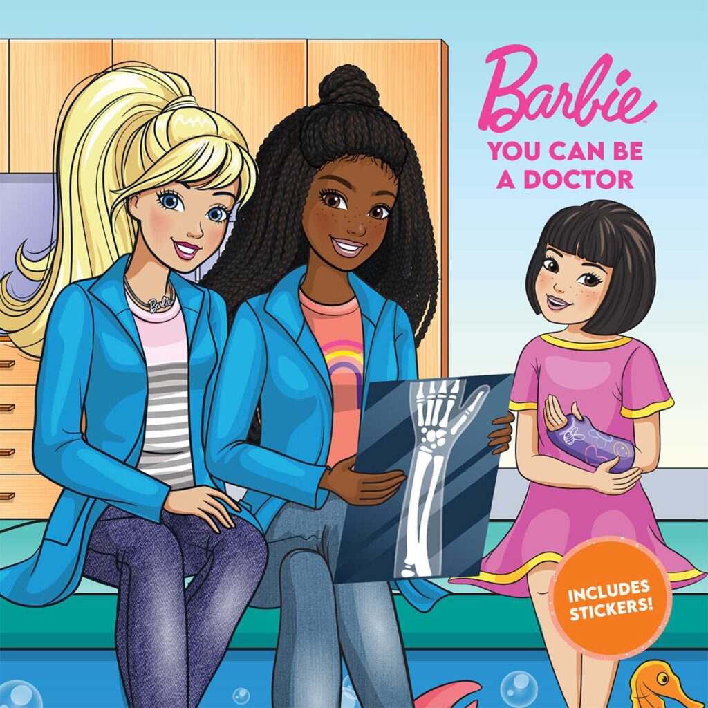 Cover of Barbie You Can Be a Doctor, showing three illustrated girls in a clinic. One holds an X-ray, another in pink sits on an exam table.