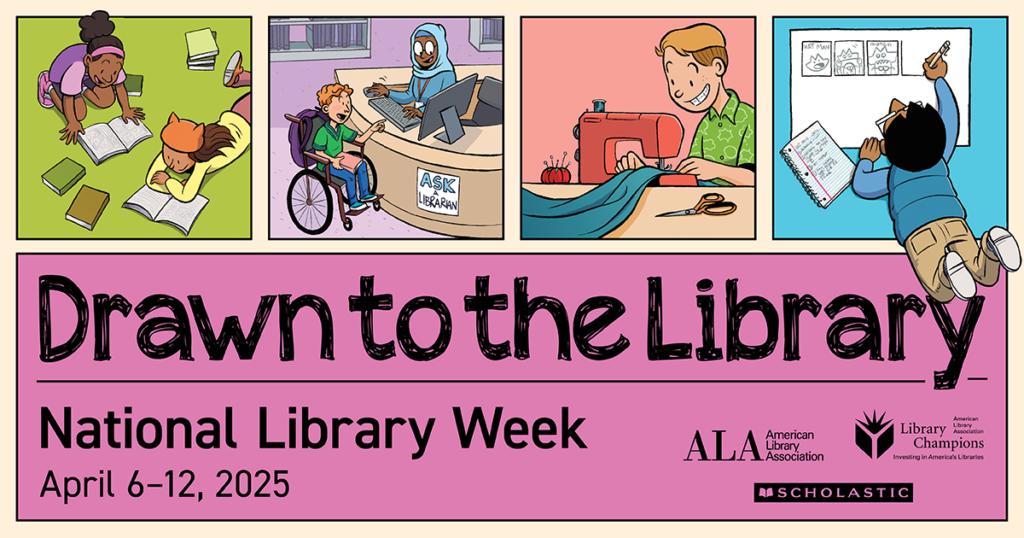 Drawn to the library. Cartoon style drawings of children using the library.