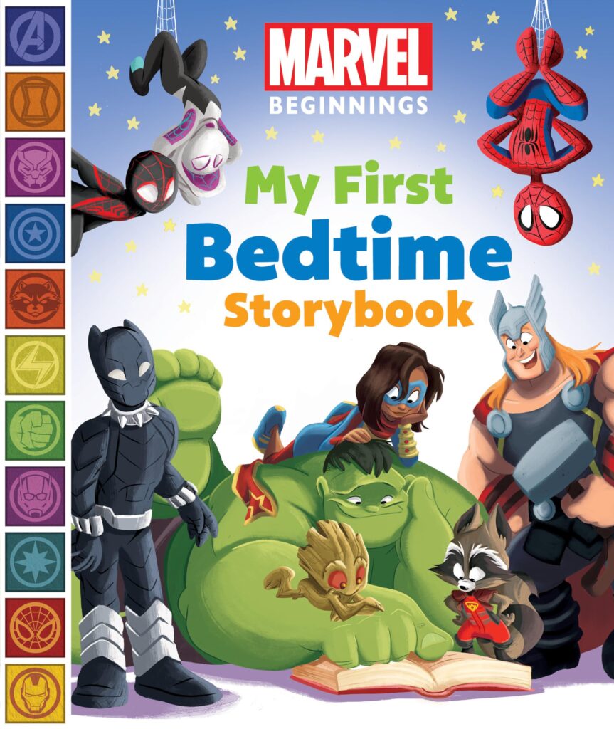 The cover of "Marvel Beginnings: My First Bedtime Storybook" features cute, cartoon-style Marvel superheroes in a cozy bedtime scene. Hulk, Baby Groot, Ms. Marvel, and Rocket Raccoon are gathered around a book, while Thor and Black Panther stand nearby. Spider-Man, Spider-Gwen, and Miles Morales hang upside down from webs above them. The background has a starry sky, and the left side features colorful Marvel hero icons.
