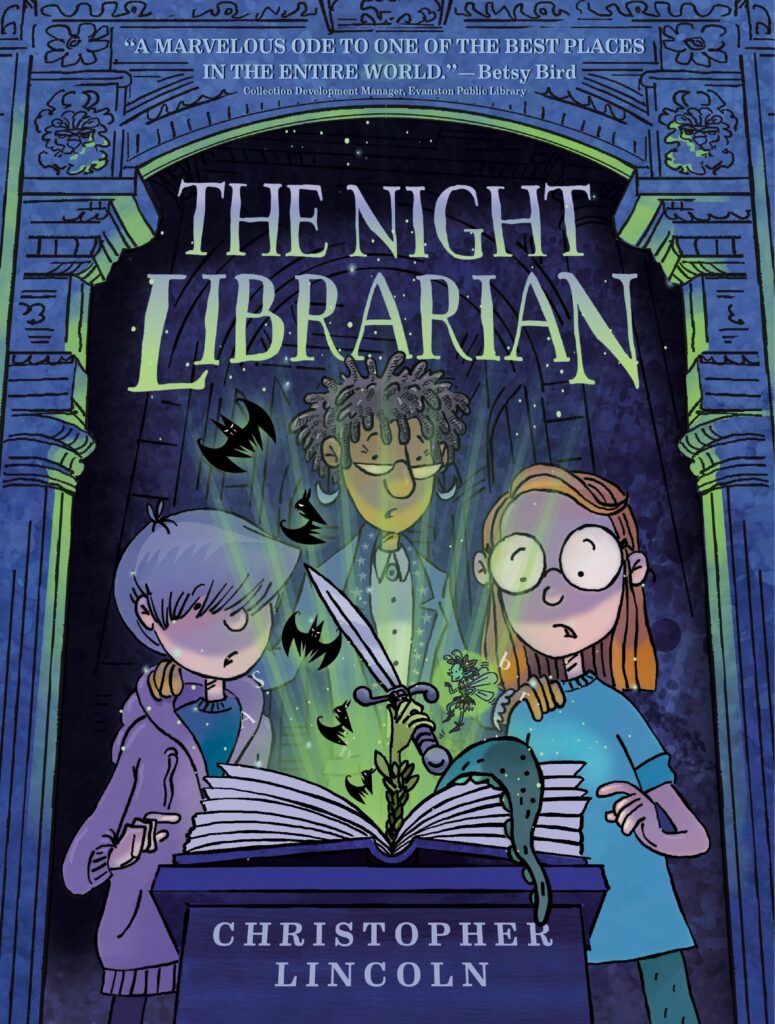 Book cover for the Night Librarian. Two boys and a girl stare surprisingly into a book with a dagger, snake and bats flying out of it.