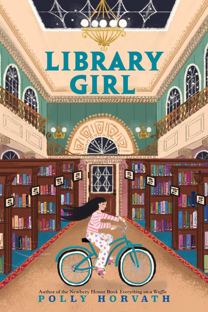 Book cover for the Library girl. A girl with a pink shirt rides a teal blue bike along book shelves of a library.