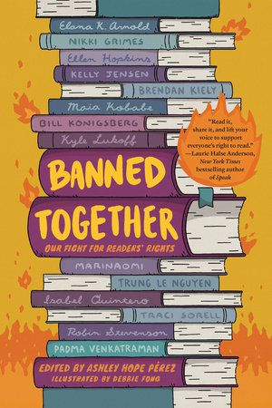 Book cover for Banned Together. A stack of library books with Banned Together appears on the spine of two books stacked on top of each other.