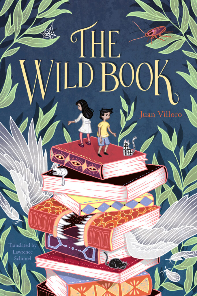 Book cover for the Wild Book. Two children dance on a stack of books with wings. Flower details grow around the sides of the cover.
