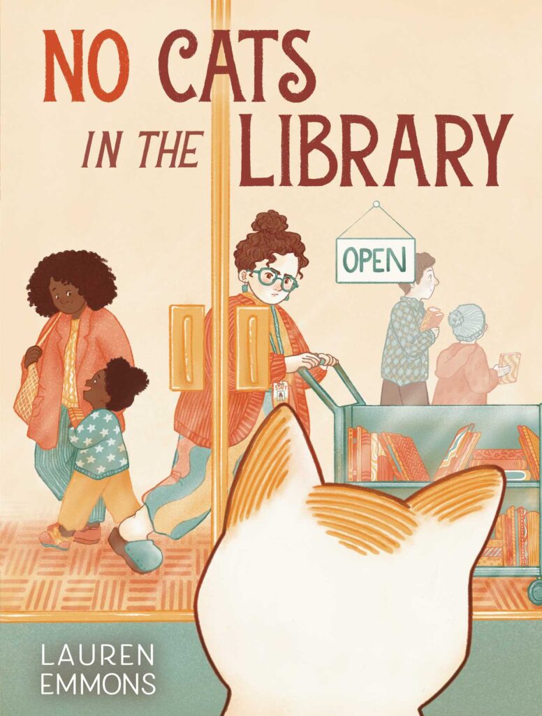 Book cover for No Cats in the Library. Back of cats head is enlarged covering bottom right of book. A woman with a child are seen on the inside and a woman with glasses glares out at the cat.