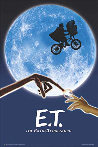 Movie poster for ET the extra-terrestrial, showing ET and a young boy, Elliott, with their hands reaching out against a glowing moon.