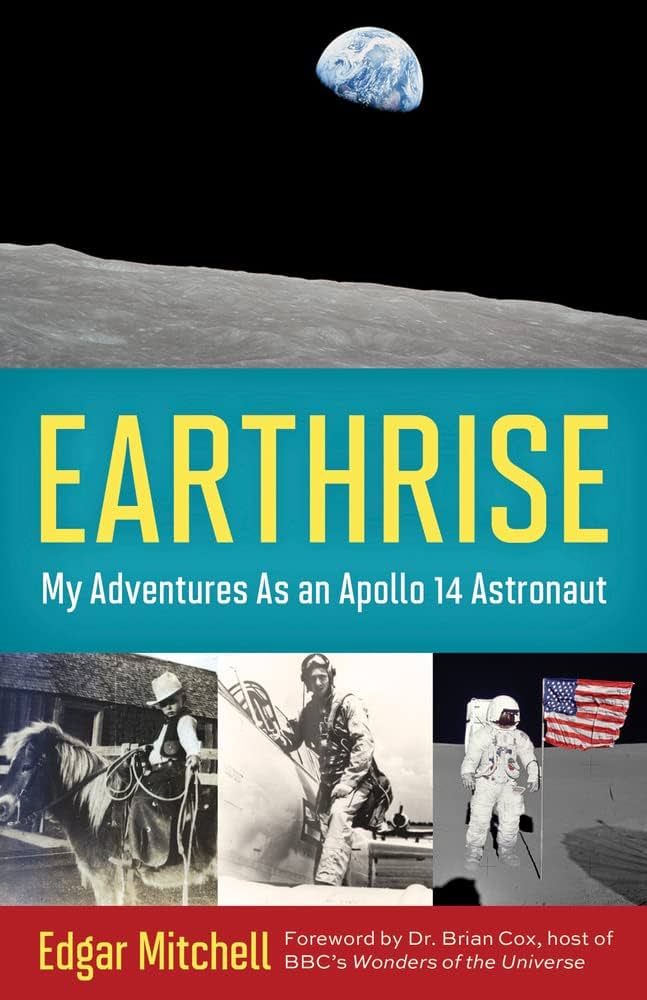 book cover for earth rise. a photo of a man on the moon with an american flag and two men riding horses