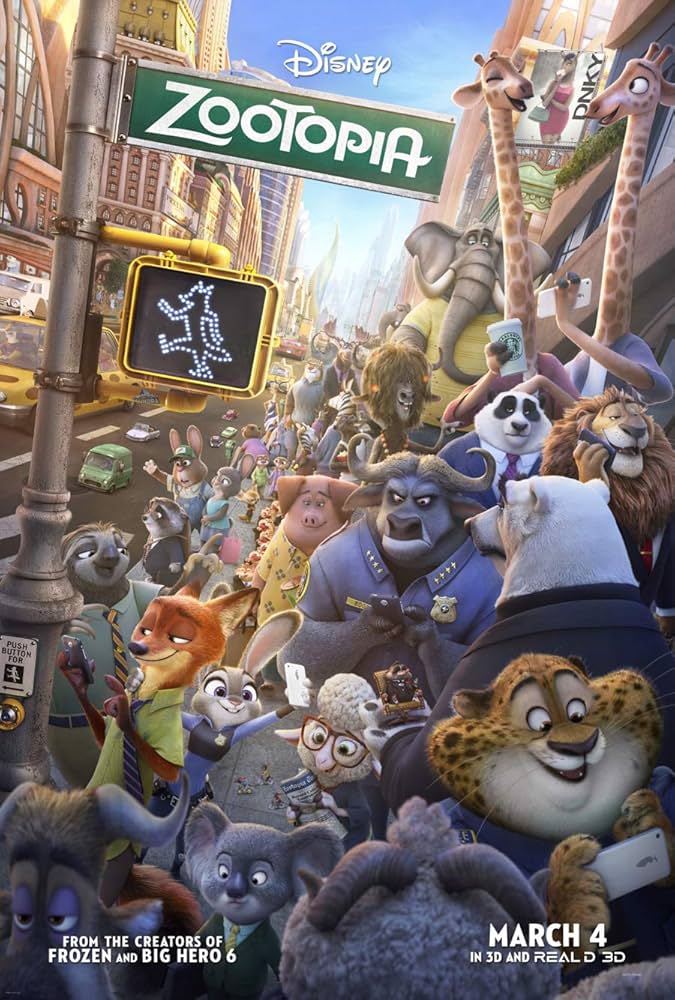 Movie poster for Zootopia, showing anthropomorphic animals in a bustling city.