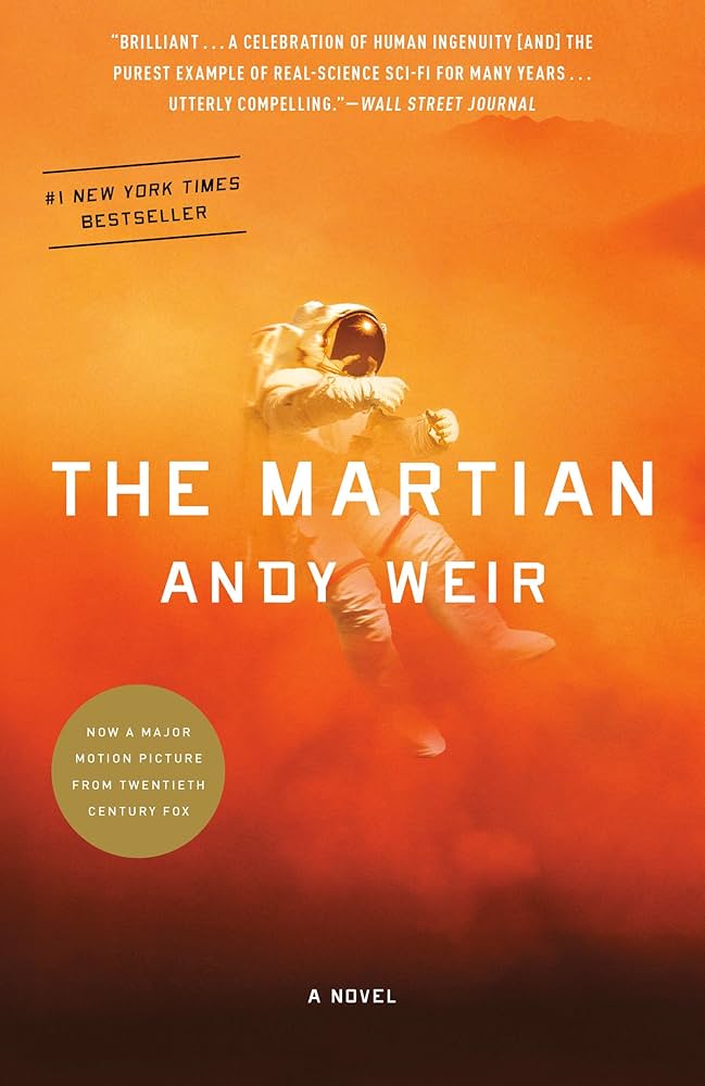 book cover for the martian. an astronaut floats in a yellow orange air.