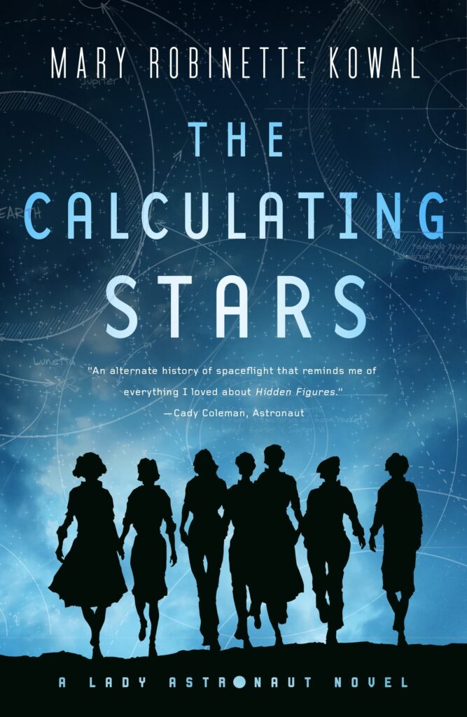 book cover for calculating stars. feautres a group of women's figures in black with blue background walking together holding hands.