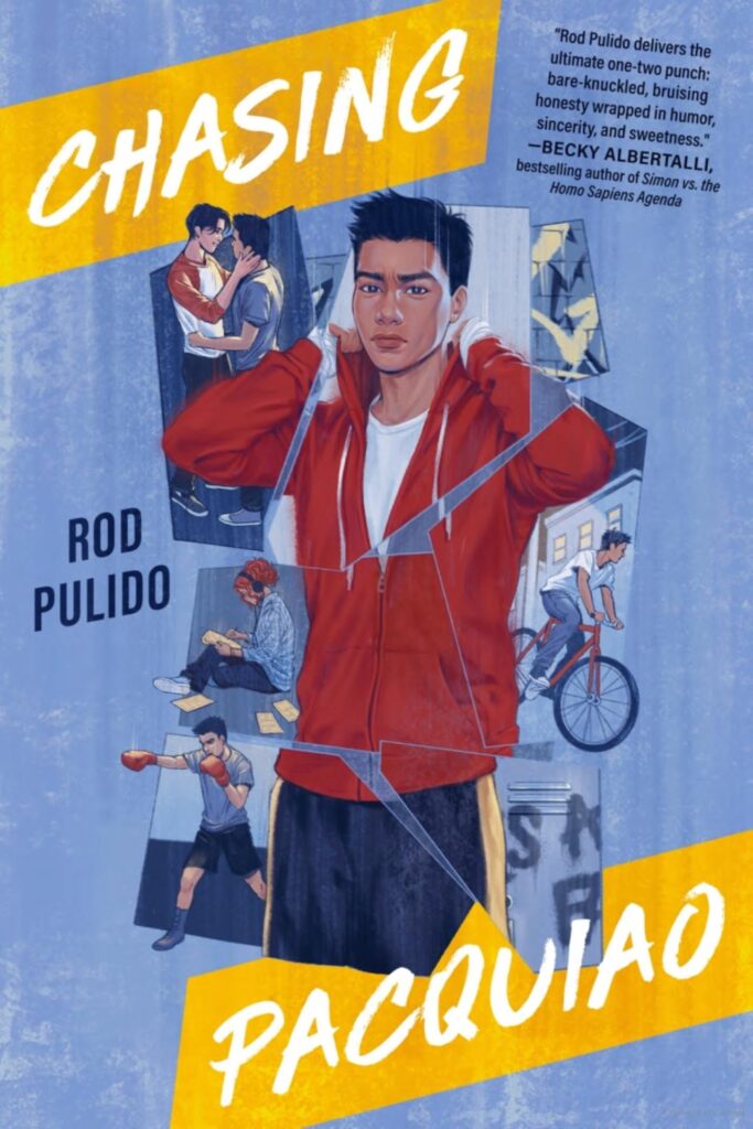 Drawn images of broken sections of glass that depict a teenage boy in a red hoodie. Around him are scenes of domestic life including him riding a bike, boxing, being  held in an embrace by another teenage boy, and a teenage girl sitting with headphones writing with papers scattered around her.  