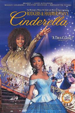 Movie poster for Rodgers & Hammerstein's Cinderella featuring Brandy as Cinderella in a sparkling gown with the fairy godmother behind her and a group of people dancing.