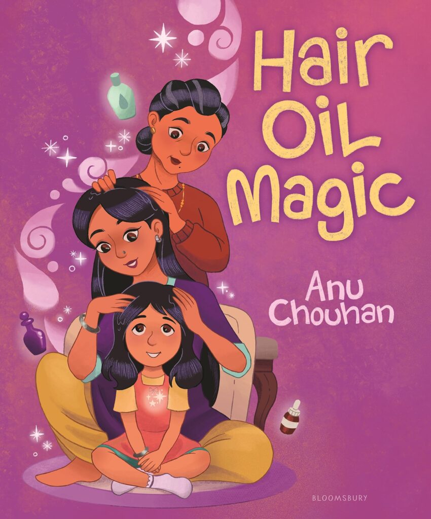 A drawn image of a girl whose mother sits behind her parting her hair. Behind the mother, a grandmother sits and parts the mother’s hair. The background is purple and swirls, sparkles, and bottles accent the space behind the three women.    