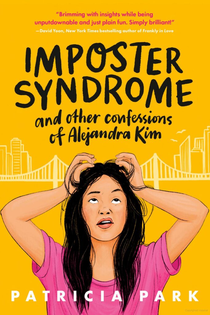 A drawn picture of a teen girl with a stressed expression running both hands through her hair. The background is yellow and there is a white drawn suspension bridge.  