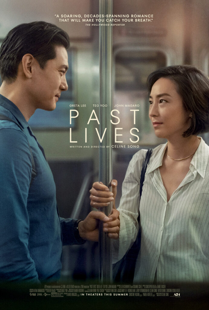 Movie poster for Past Lives, featuring a man and a woman facing each other on a subway train, holding onto the same pole.