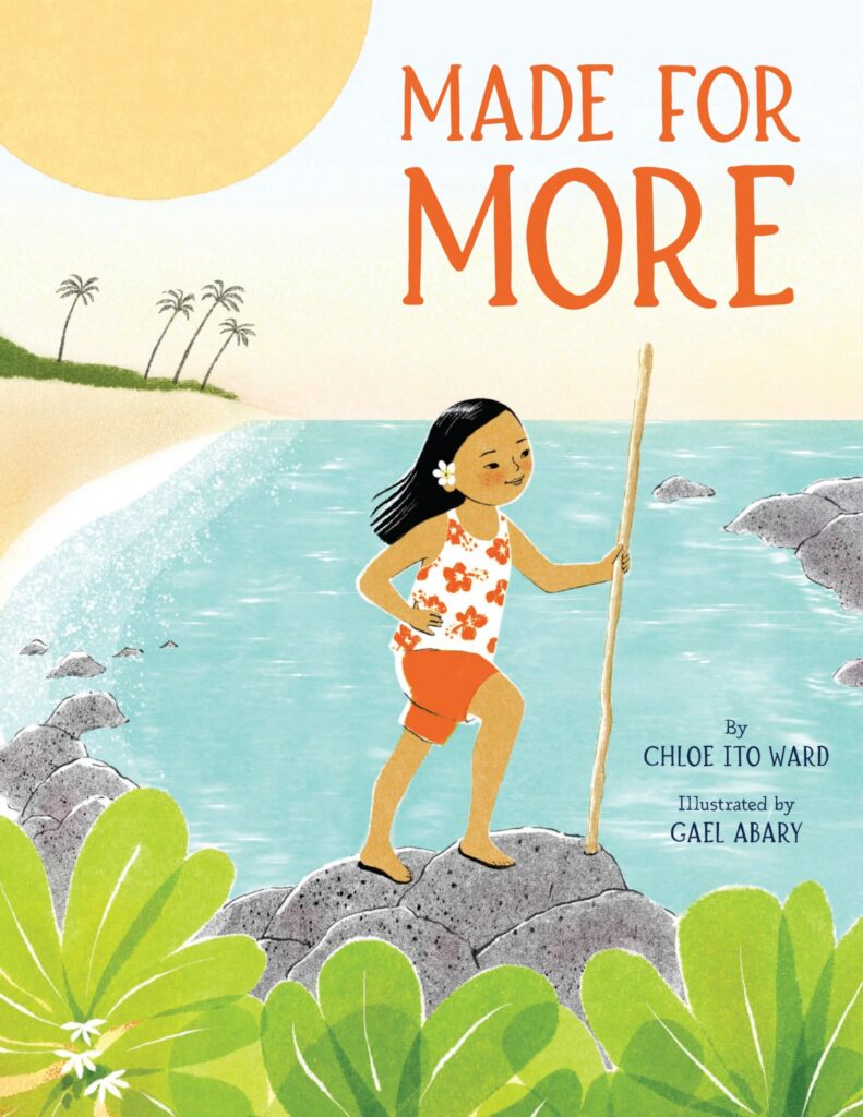 A drawn image of a girl standing on a large rock in front of a beach background. She holds a large, slim stick that is about a foot taller than she is. 