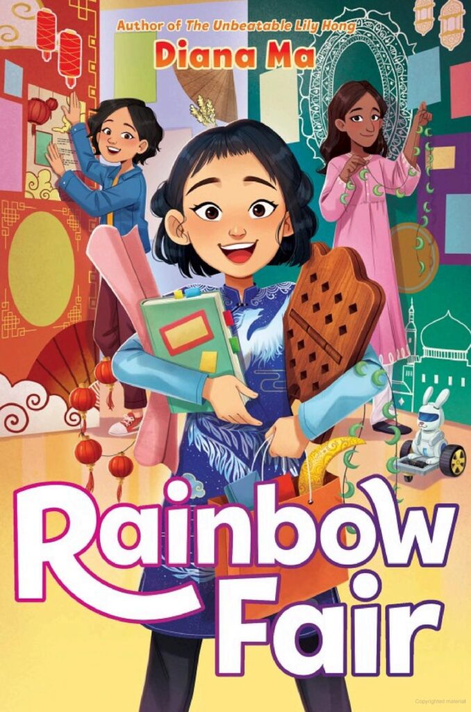 A drawn image of a young girl excitedly standing with her arms full of a variety of items including a notebook, moon shaped string lights, a roll of paper, a shopping bag full of additional items, etc. Two girls stand in the background setting up cultural fair items. A robotic bunny on wheels is on the ground in the background. 