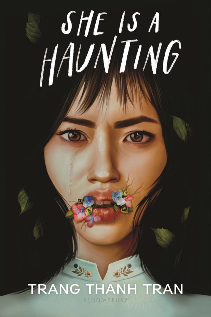 A drawn image of a girl with a scared expression on her face. Flowers bloom out of her mouth and a single tear runs down her face. Her dark hair blends into the black background and is framed with green leaves. 