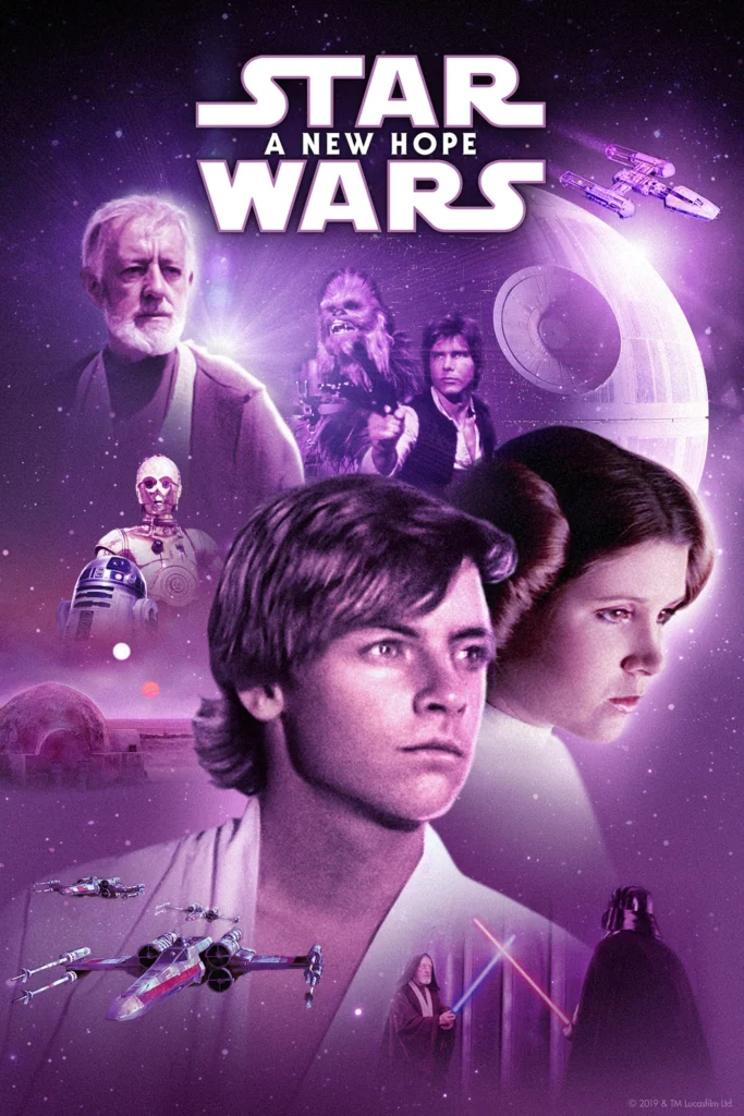 Poster for Star Wars: A New Hope featuring key characters including Luke Skywalker, Princess Leia, Han Solo, Obi-Wan Kenobi, Chewbacca, R2-D2, and C-3PO, with the Death Star, X-wing starfighters, and a lightsaber duel between Obi-Wan and Darth Vader in the background, all set against a starry purple-tinted space backdrop.