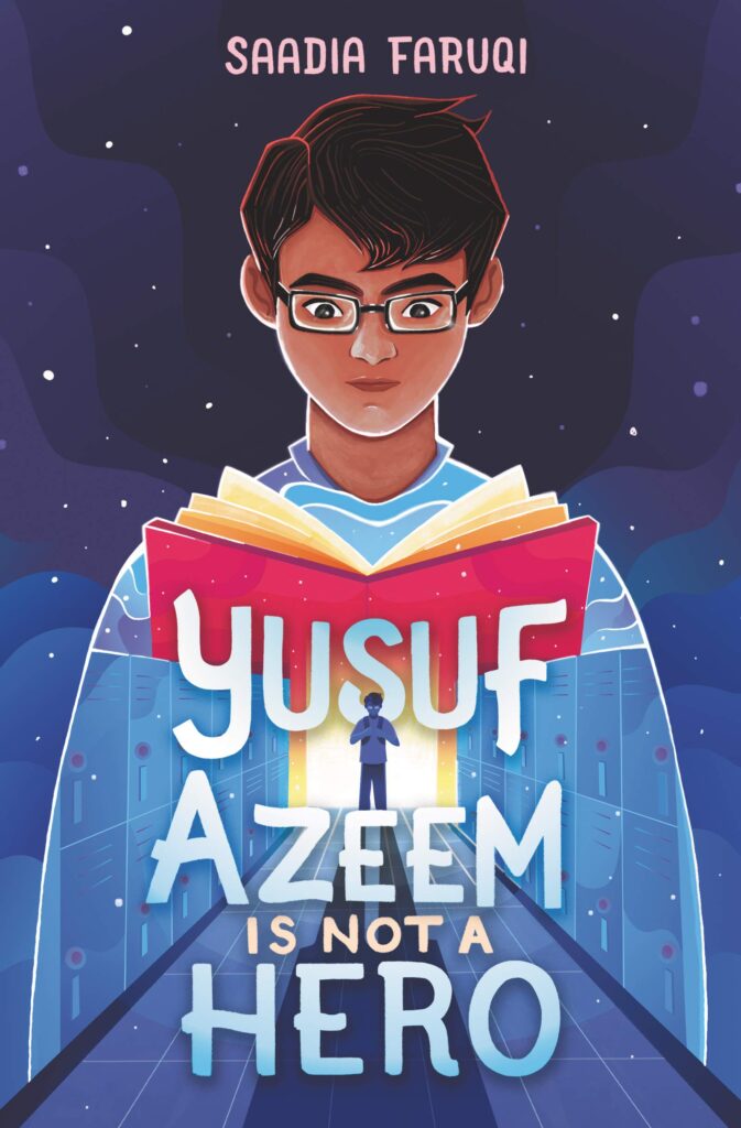 A drawn image of a boy wearing glasses holding a red book open up towards his face. The front or his torso overlaps with an image of himself walking alone down a hallway of lockers. 