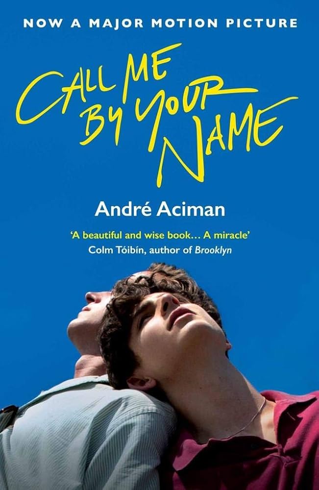 Movie poster for Call Me by Your Name, showing two young men leaning against each other, looking upward under a bright blue sky.
