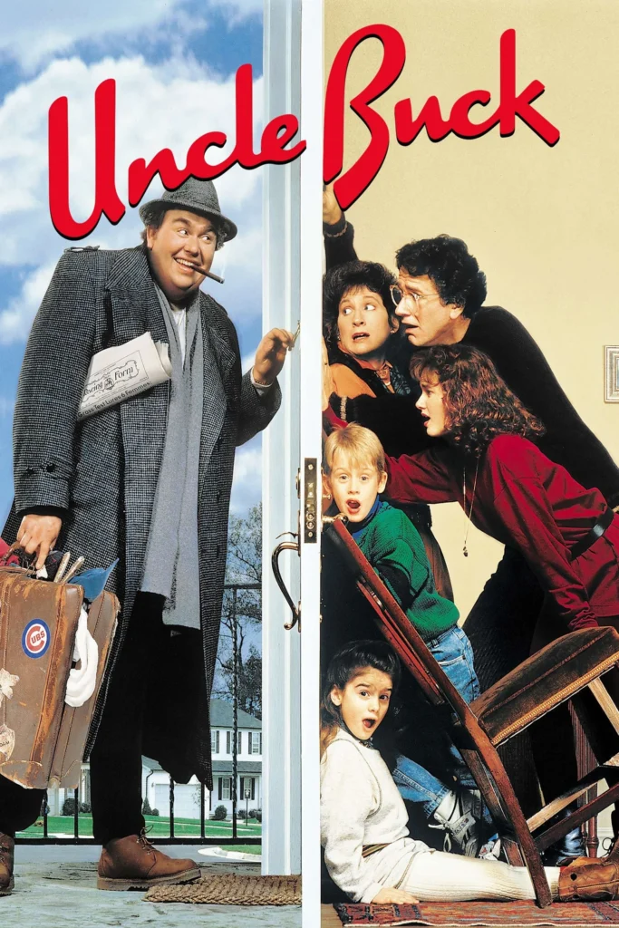 Movie poster for Uncle Buck, featuring John Candy smiling with a cigar, suitcase, and newspaper as he arrives at the front door, while a startled family peeks from the other side, stacked behind a barricade of furniture.