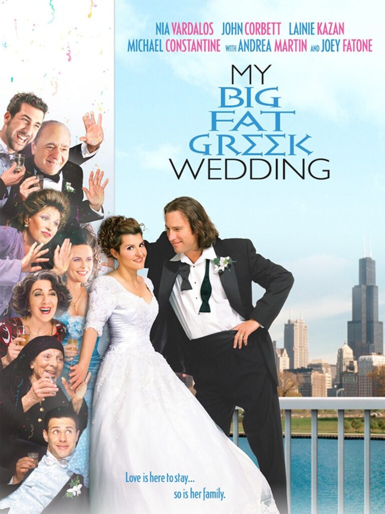 Movie poster for My Big Fat Greek Wedding, showing a bride and groom smiling with a large cheerful Greek family in the background.