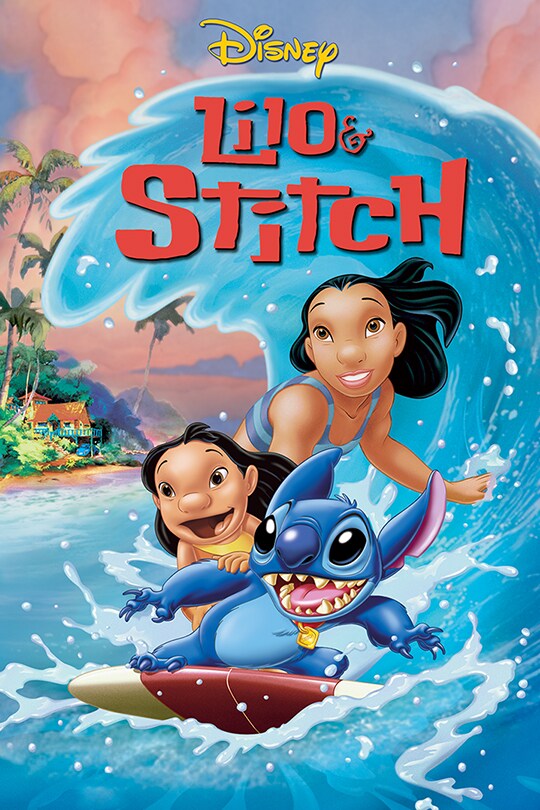 Movie poster for Lilo & Stitch, showing Lilo riding a wave with Stitch on a surfboard, both smiling against a tropical ocean backdrop.