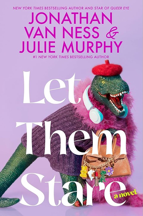 Plastic dinosaur wearing a red beret and feathered jacket.